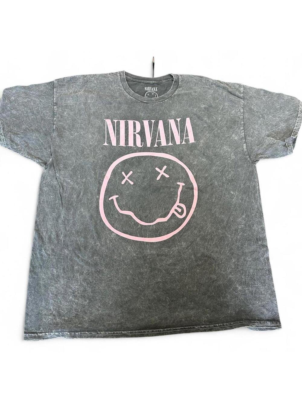 Nirvana Black Graphic T-Shirt with Pink Logo and Smiley Face, Size 2X